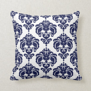 Navy Blau und Weiß Damast Modern Elegantes Muster Kissen