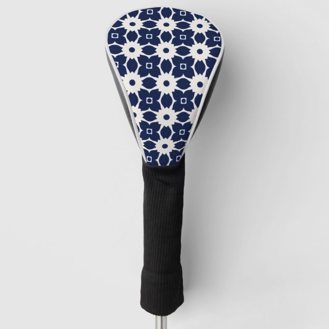 Navy Blau und Weiß Geometrische Blüten Golf Headcover (Vorderseite)