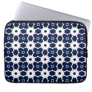 Navy Blau und Weiß Geometrische Blüten Laptopschutzhülle