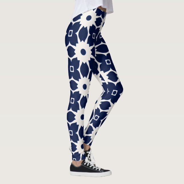 Navy Blau und Weiß Geometrische Blüten Leggings (Rechts)