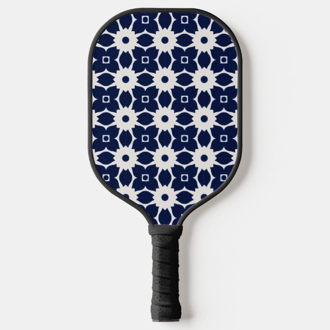 Navy Blau und Weiß Geometrische Blüten Pickleball Schläger (Vorderseite)