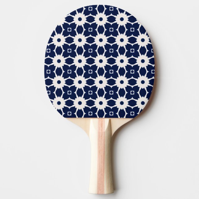 Navy Blau und Weiß Geometrische Blüten Tischtennis Schläger (Vorderseite)