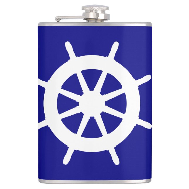 Navy Blau und Weiß Küstendekoration Helm Flachmann (Vorderseite)