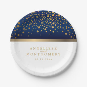 Navy Blau und Weiß mit Gold Confetti Punkten Pappteller