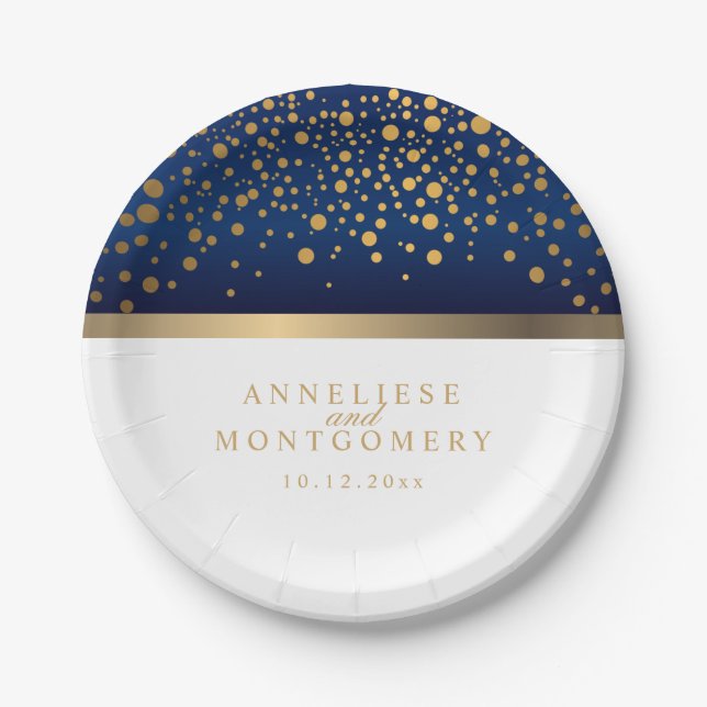 Navy Blau und Weiß mit Gold Confetti Punkten Pappteller (Vorderseite)