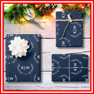 Navy Blau und Weiß   Moderne Anfangsbuchstaben Mon Geschenkpapier Set