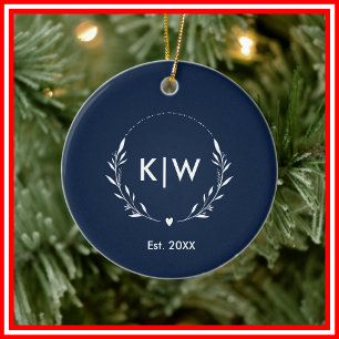 Navy Blau und Weiß Moderne Anfangsbuchstaben-Mon Keramik Ornament