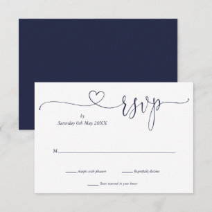 Navy Blau Und Weiß Script Herz RSVP Karte
