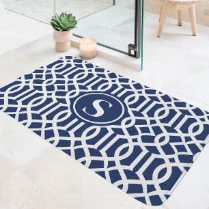 Navy Blau und Weiß Trellis Monogramm Badematte