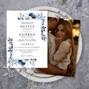 Navy Blau und Weiße Elegante Florale Foto-Hochzeit Einladung