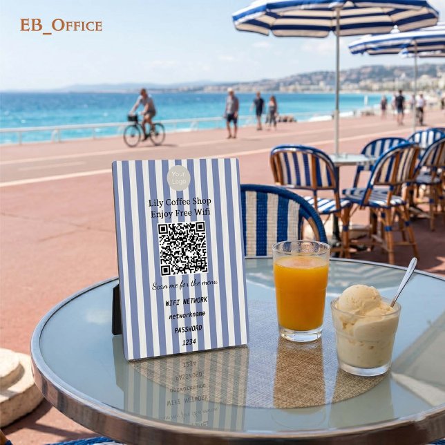 Navy Blau Vertikal gestreifter QR-Code-Wifi-Sockel Fotoplatte (Modern Navy Blue Vertical Stripes
QR Code Wifi-Fi Plaque
5” X 7”
)