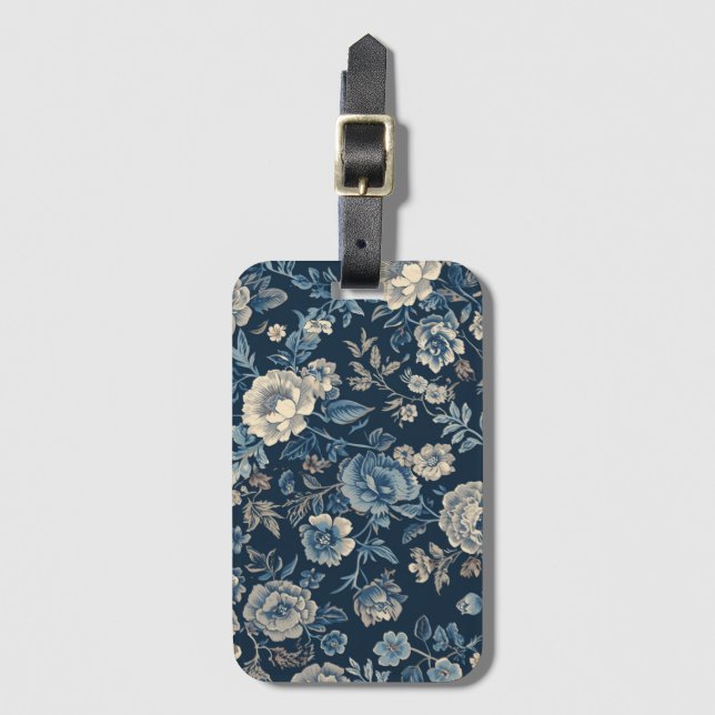 Navy Blau Vintage Blumen Botanisches Muster Gepäckanhänger (Vorderseite Vertikal)