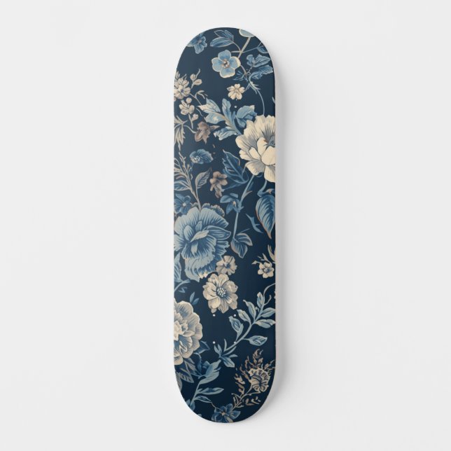 Navy Blau Vintage Blumen Botanisches Muster Skateboard (Vorderseite)