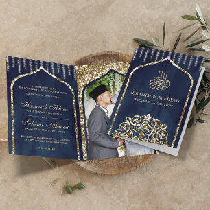 Navy Blau Vintage Gold Islamischer Bogen Hochzeit Einladung