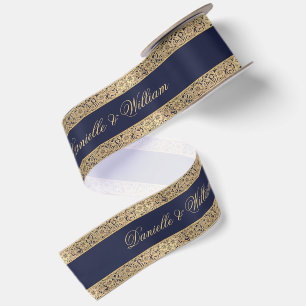 Navy Blau Vintage Gold Rosen Kalligrafie Hochzeit Satinband