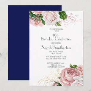 Navy Blau Vintage Rosa Blumen 16. Geburtstag Einladung