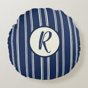 Navy Blau Warmes Elfenbein Klassisch Elegante Stre Rundes Kissen