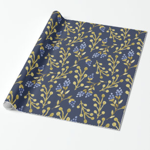 Navy Blau Wasserfarbe Beeren Blumenmuster Geschenkpapier