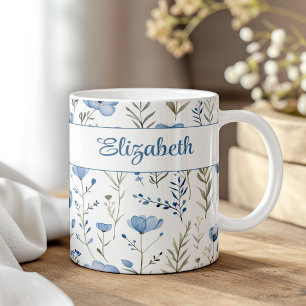 Navy Blau Wasserfarbe Wildblumen Mohn Custom Name Kaffeetasse