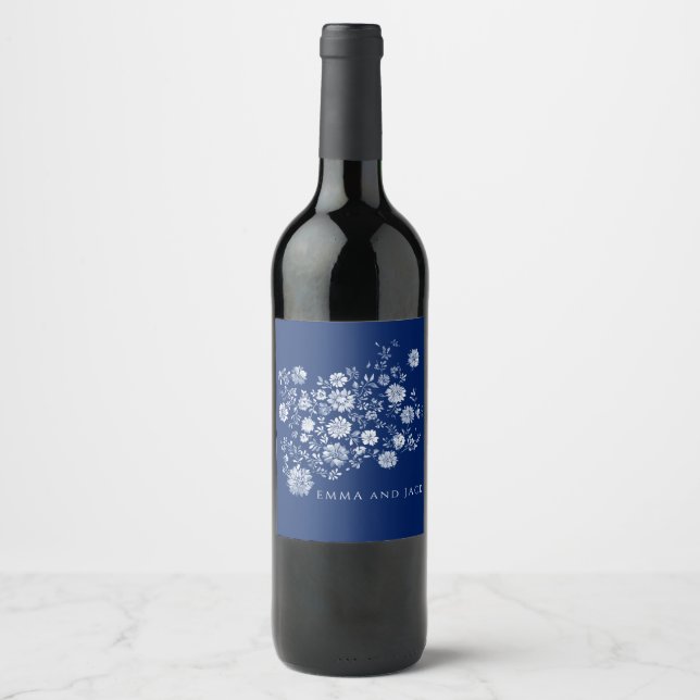 Navy Blau Wasserfarben Blumen Weinetikett (Vorderseite)