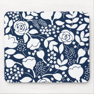 Navy-Blau-Weiß-Blumenmuster-Mausknöpfe Mousepad