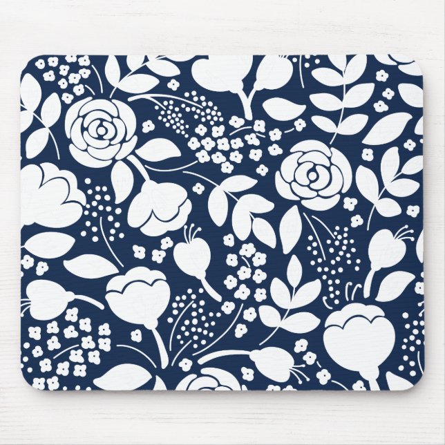 Navy-Blau-Weiß-Blumenmuster-Mausknöpfe Mousepad (Vorne)