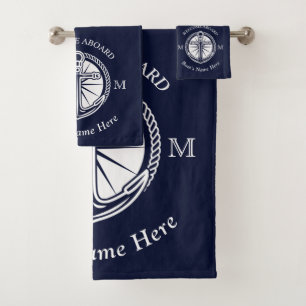 Navy Blau Weiß Bootsname Anker Willkommen an Bord Badhandtuch Set