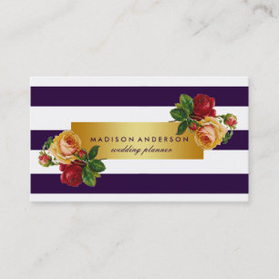 Navy Blau & Weiß Chic Streifen Gold Vintage Blumen Visitenkarte
