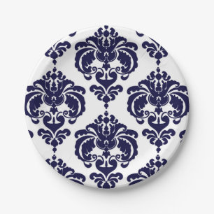 Navy Blau & Weiß Damast Vintage Hochzeitsfeier Pappteller
