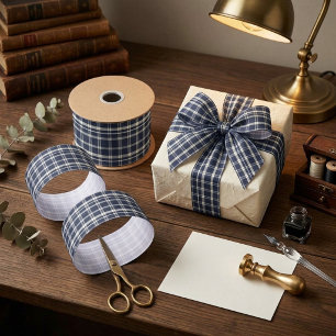 Navy-Blau-Weiß-Karo-Tartan Satinband