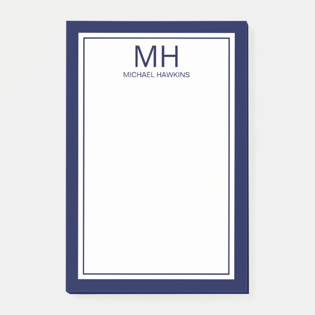 Navy Blau Weiß Monogramm Herren Post-it Klebezettel (Vorderseite)