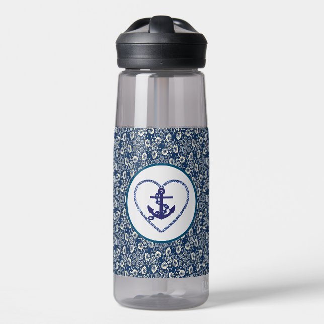 Navy Blau / Weiße Blüte mit Ankerwasser Flasche (Vorne)