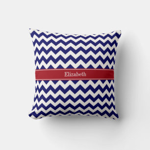 Navy Blau Weiße Chevron Cranberry Namensmonogramm Kissen