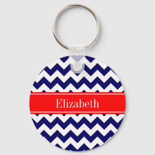 Navy Blau Weiße Chevron Zickzack Roter Name Monogr Schlüsselanhänger
