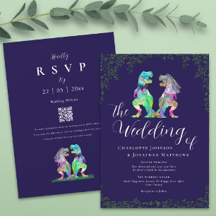 Navy Blau & Weiße Elegante Dinosaurier Hochzeit QR Einladung