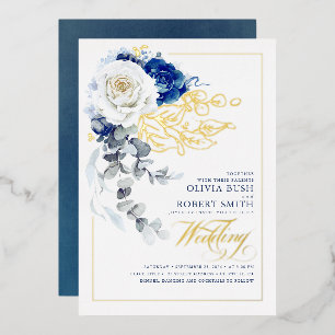 Navy Blau & Weiße Florale Boho Elegante Hochzeit Folieneinladung