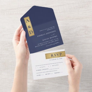 Navy Blau Weiße Goldfarbene Blöcke Monogramm Hochz All In One Einladung