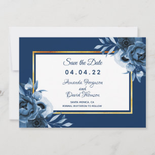Navy blau weiße Hochzeit Blumen Gold Save the Date Ankündigung