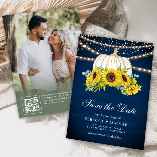 Navy Blau Weiße Kürbis Sonnenblumen Hochzeitsfoto Save The Date
