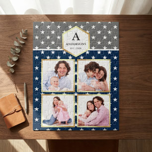 Navy Blau Weiße Sterne Muster Familienfoto-Collage Puzzle