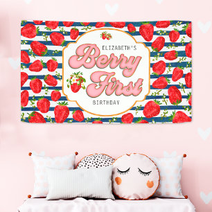 Navy Blau Weiße Streifen Berry Erster Geburtstag Banner