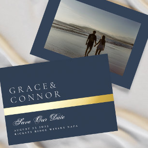 Navy Blau Weiße Streifen Foto Save The Date Folieneinladung