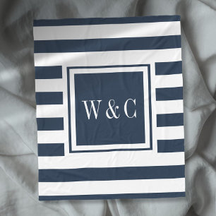 Navy Blau Weiße Streifen Modische Monogramm Fleecedecke