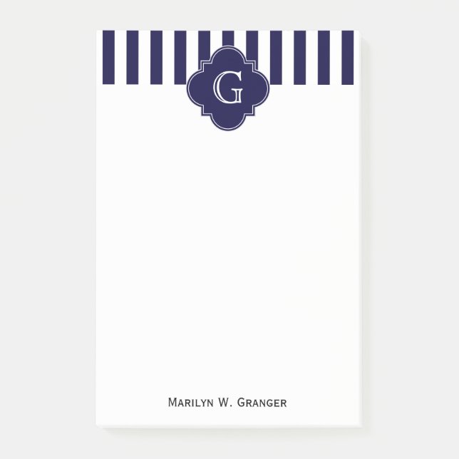 Navy Blau Weiße Streifen, Navy Label Monogramm Post-it Klebezettel (Vorderseite)