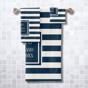 Navy Blau Weiße Streifen Personalisiertes Monogram Badhandtuch Set