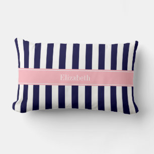 Navy Blau Weiße Streifen Rosa Name Monogramm Lendenkissen