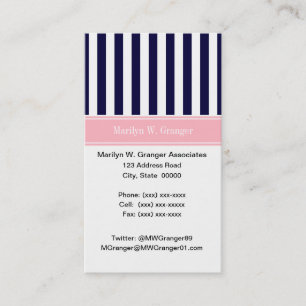 Navy Blau Weiße Streifen Rosa Name Monogramm Visitenkarte