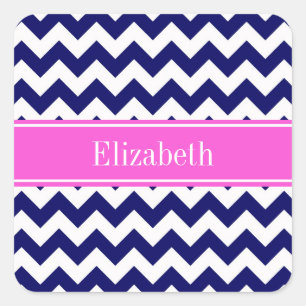 Navy Blau Wht Chevron Hot Pink Name Monogramm Quadratischer Aufkleber