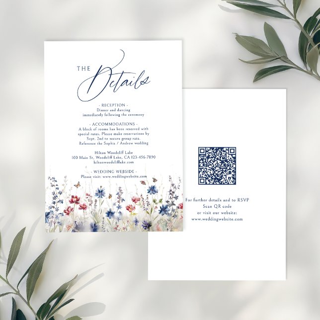 Navy Blau Wildblumen Rustikale QR-Code-Details Mitteilungskarte (Navy Blue Wildflower Rustic QR code Details Note Card)