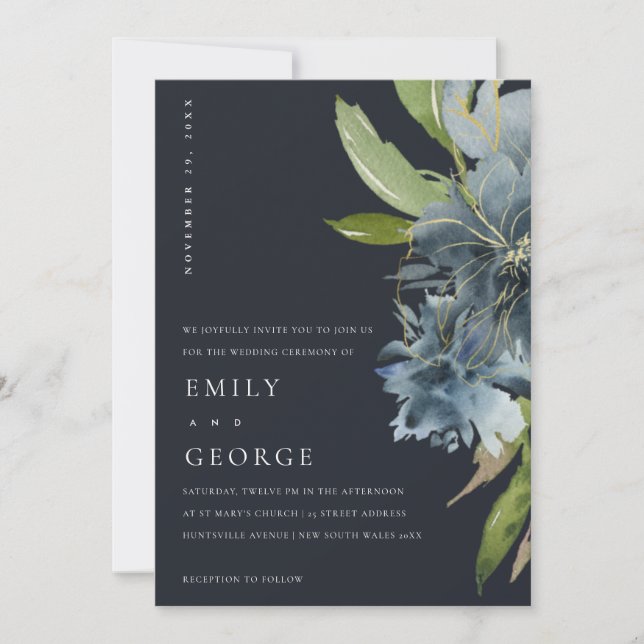 NAVY BLAUE GREEN GOLD FLORAL WEDING INVITE DANKESKARTE (Vorderseite)